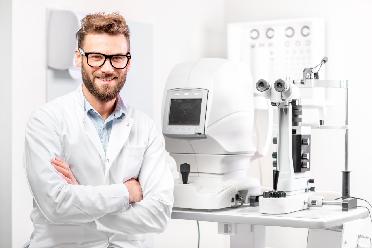 Eye doctor with diagnostic machine in clinical background